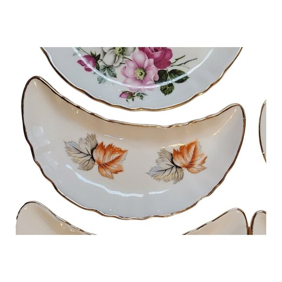 SET of 6 CMI CHADWICK Vintage 1/2 MOON CRESCENT DISHES Maple Leaf Flowers JAPAN - Picture 6 of 16